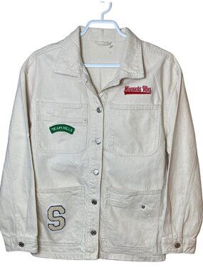 Zara Denim Collection Patch Utility Jacket Cream Chore Coat Medium Collegiate